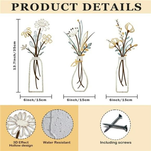 Metal Flower Wall Art Set Rustic Farmhouse Decor for Living Room Bedroom Bathroo - Picture 2 of 7